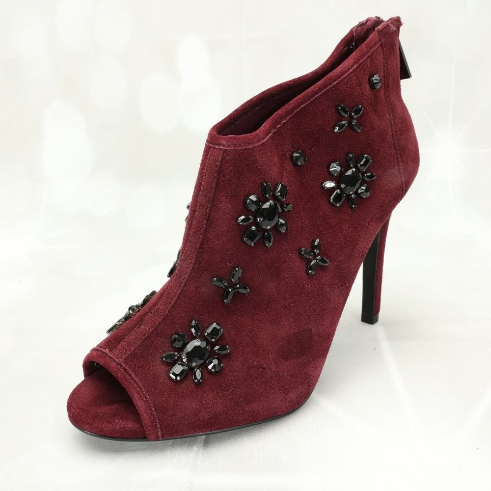 Michael Kors Beaded Peep-Toe Ankle Bootie Shoes Size 7.5M Plum Suede W/Back Zip